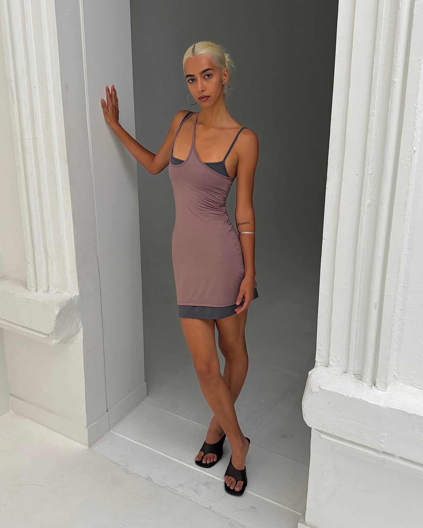 Womens Asym Layered Mini Dress - Dusty Rose / Charcoal