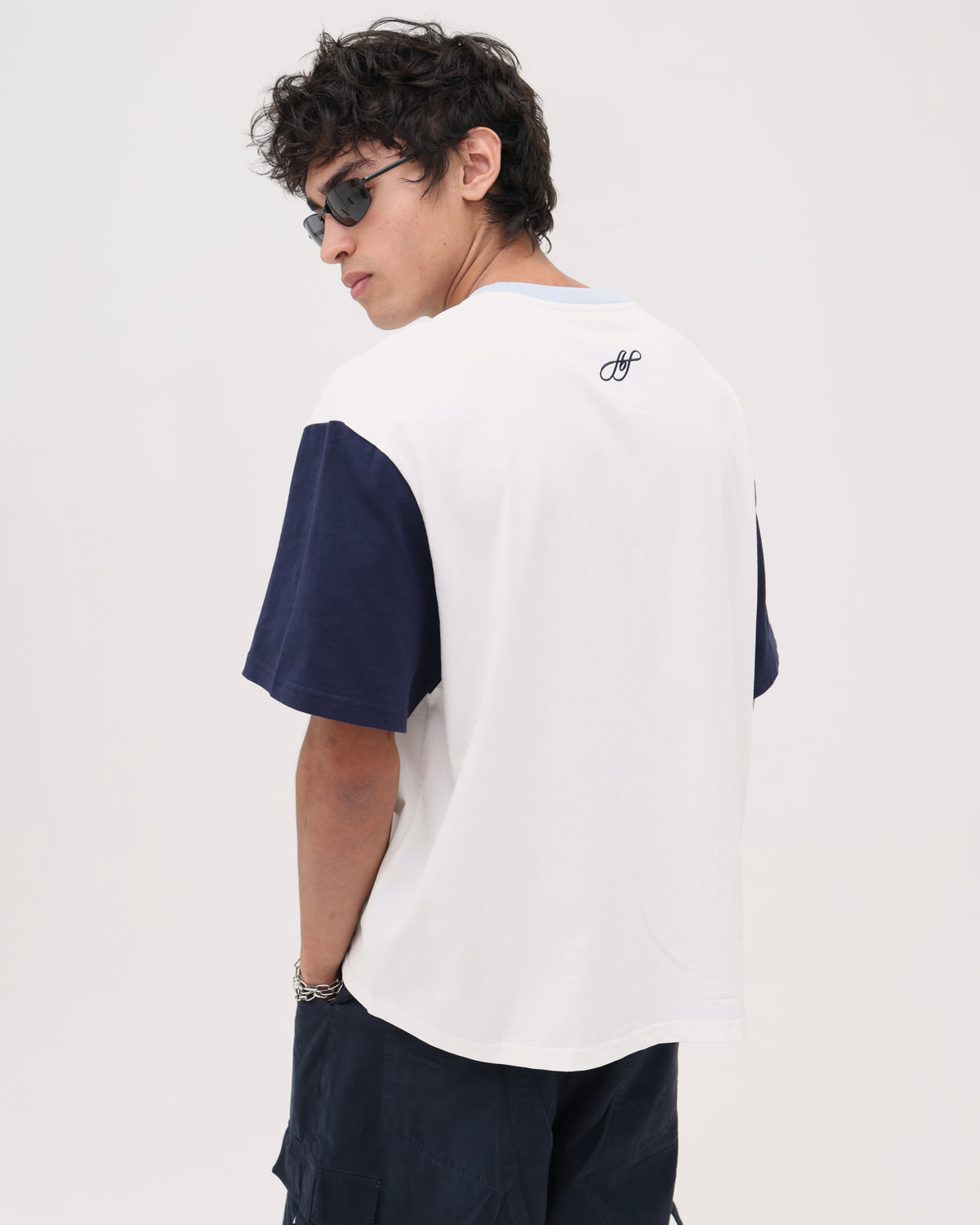 Crop Boxy Tee - White / Navy / Cornflower