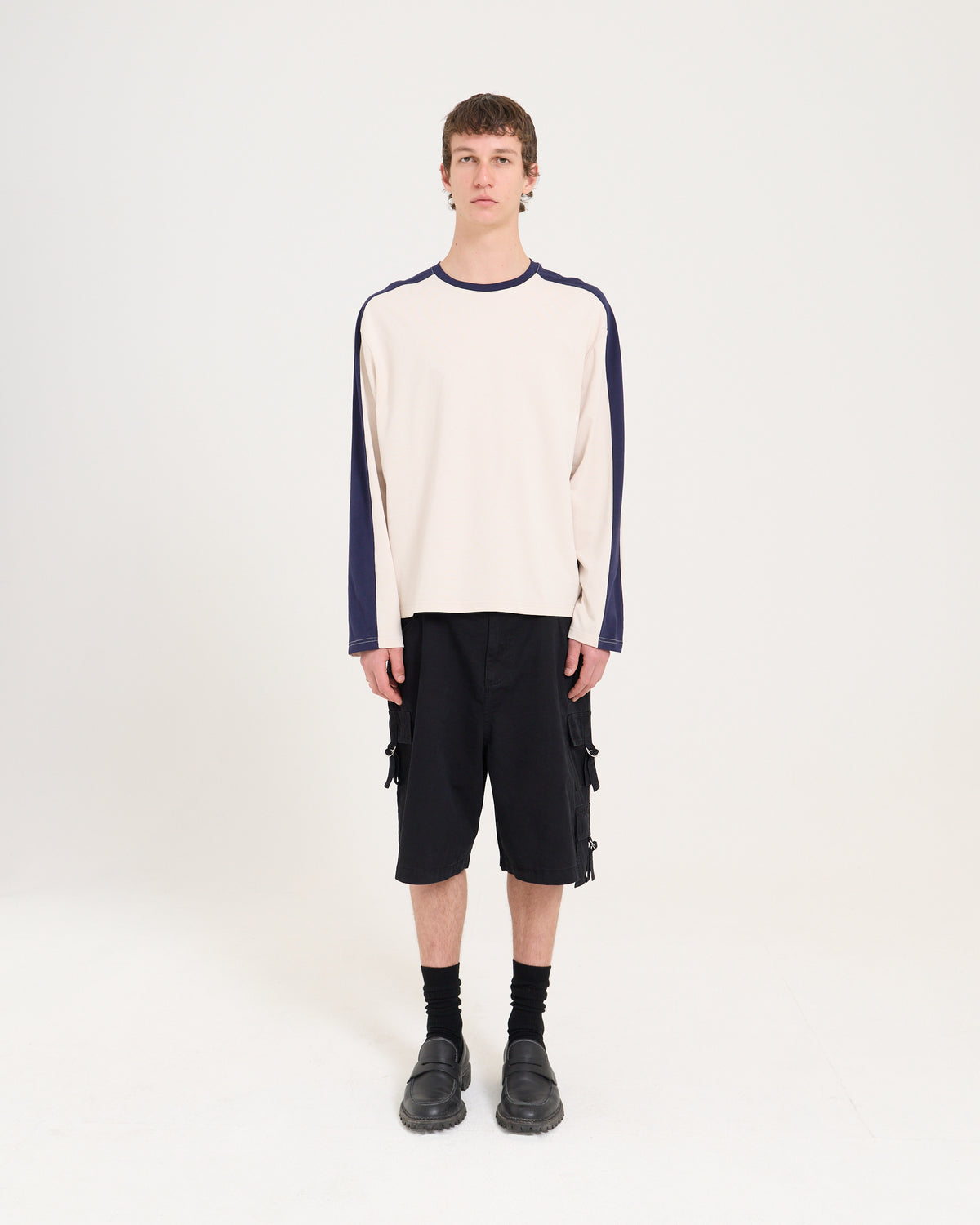 Panelled LS Crop Tee - Sand/Navy