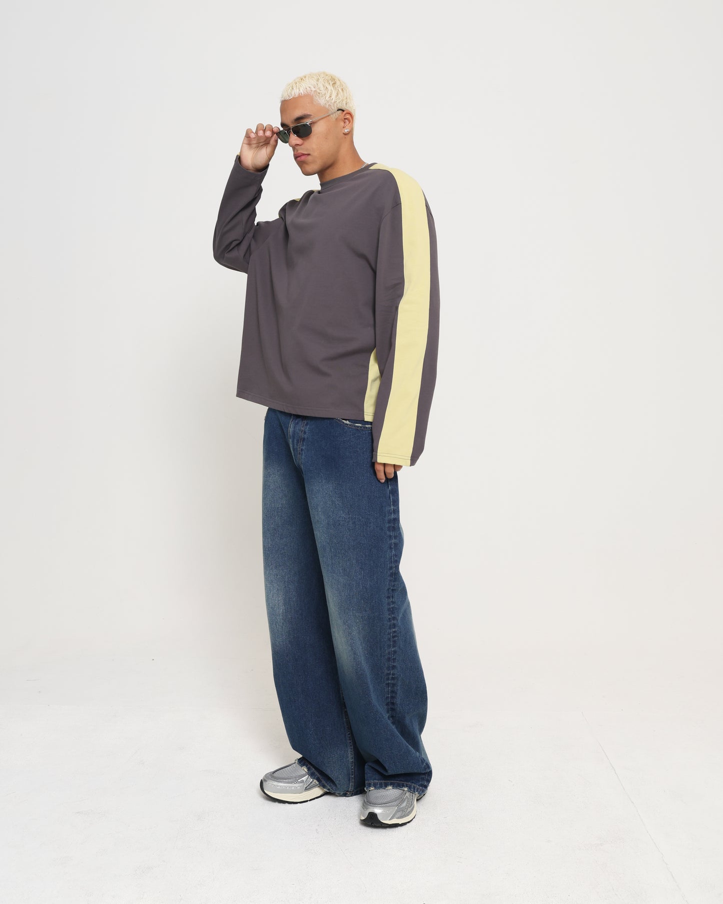 PANELLED LS CROPP TEE - CHARCOAL / CITRON