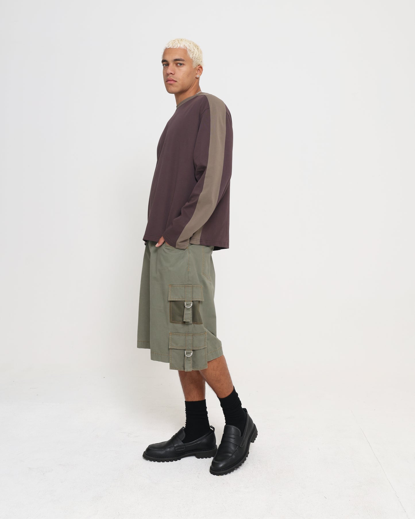 Panelled LS Crop Tee - Brown / Sage