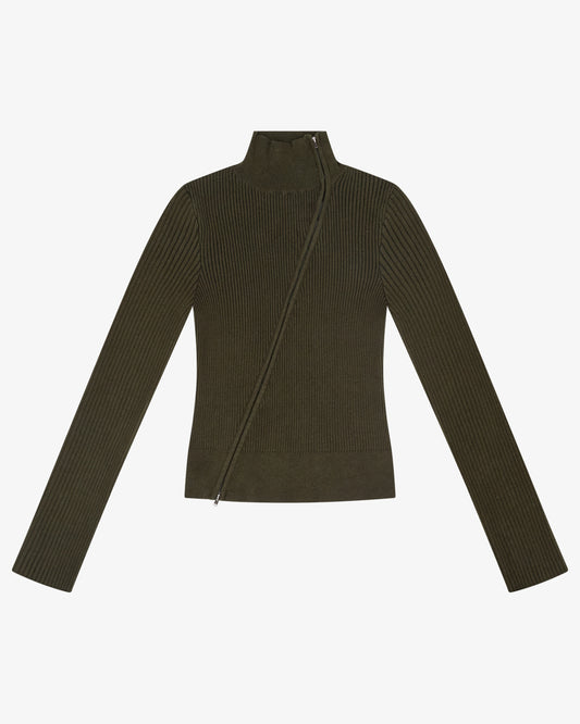 ASYM ZIP CARDI - OLIVE