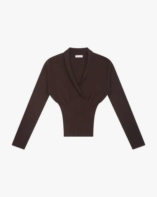 PLUNGE NECK LS KNIT - CHOCOLATE