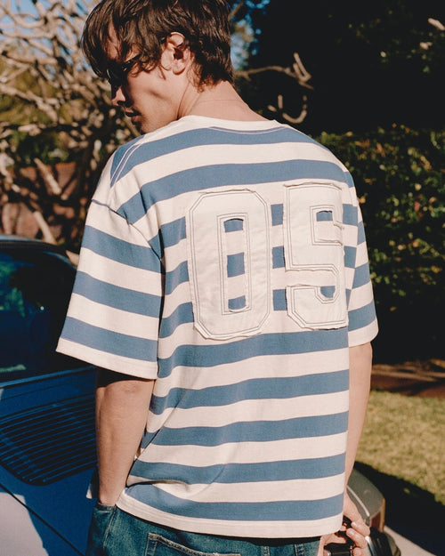 Boxy Applique Tee - Steel Blue/Cream