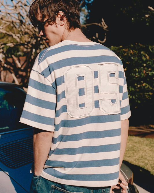 Boxy Applique Tee - Steel Blue/Cream