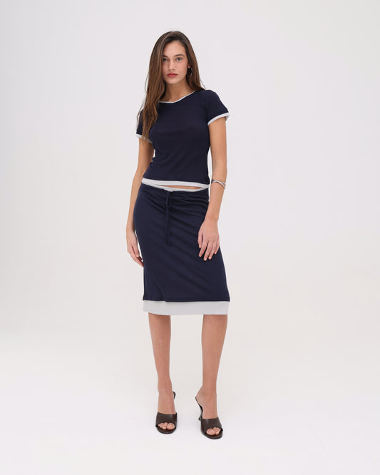 Layered Midi Skirt - Navy / Silver