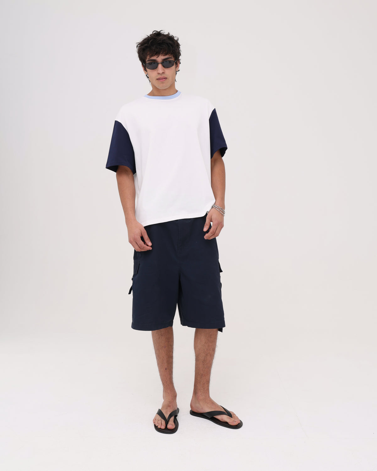 Crop Boxy Tee - White / Navy / Cornflower