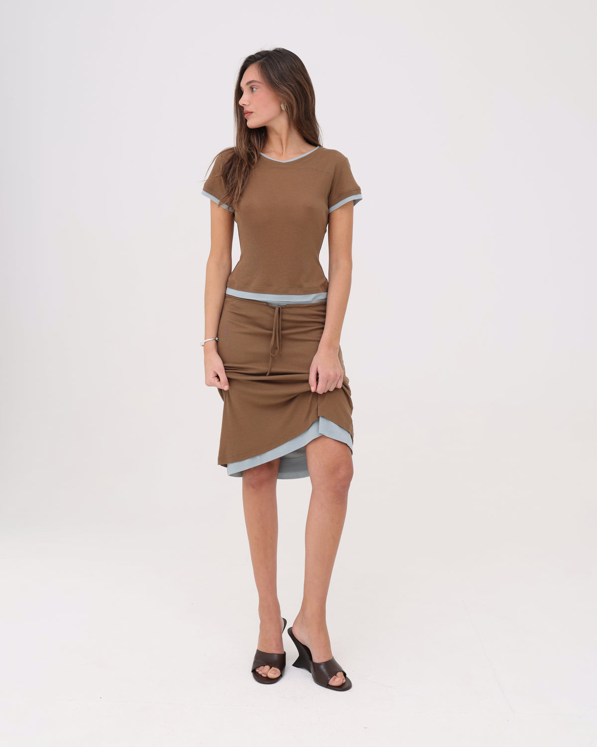 Layered Midi Skirt - Caramel / Eucalyptus