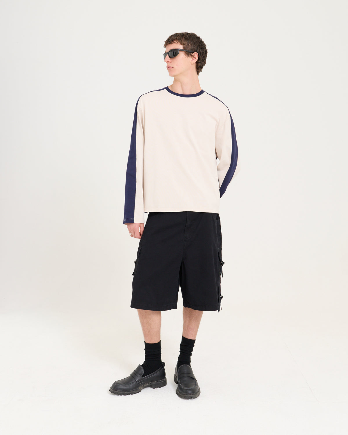 Panelled LS Crop Tee - Sand/Navy
