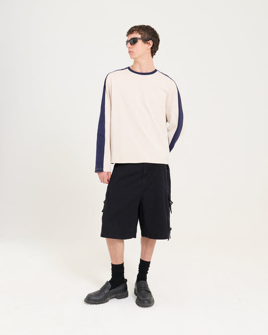 Panelled LS Crop Tee - Sand/Navy
