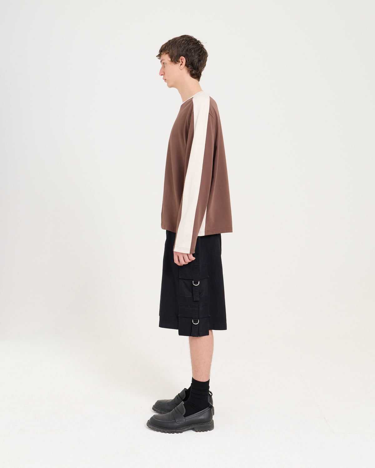 Panelled LS Crop Tee - Chocolate/Sand