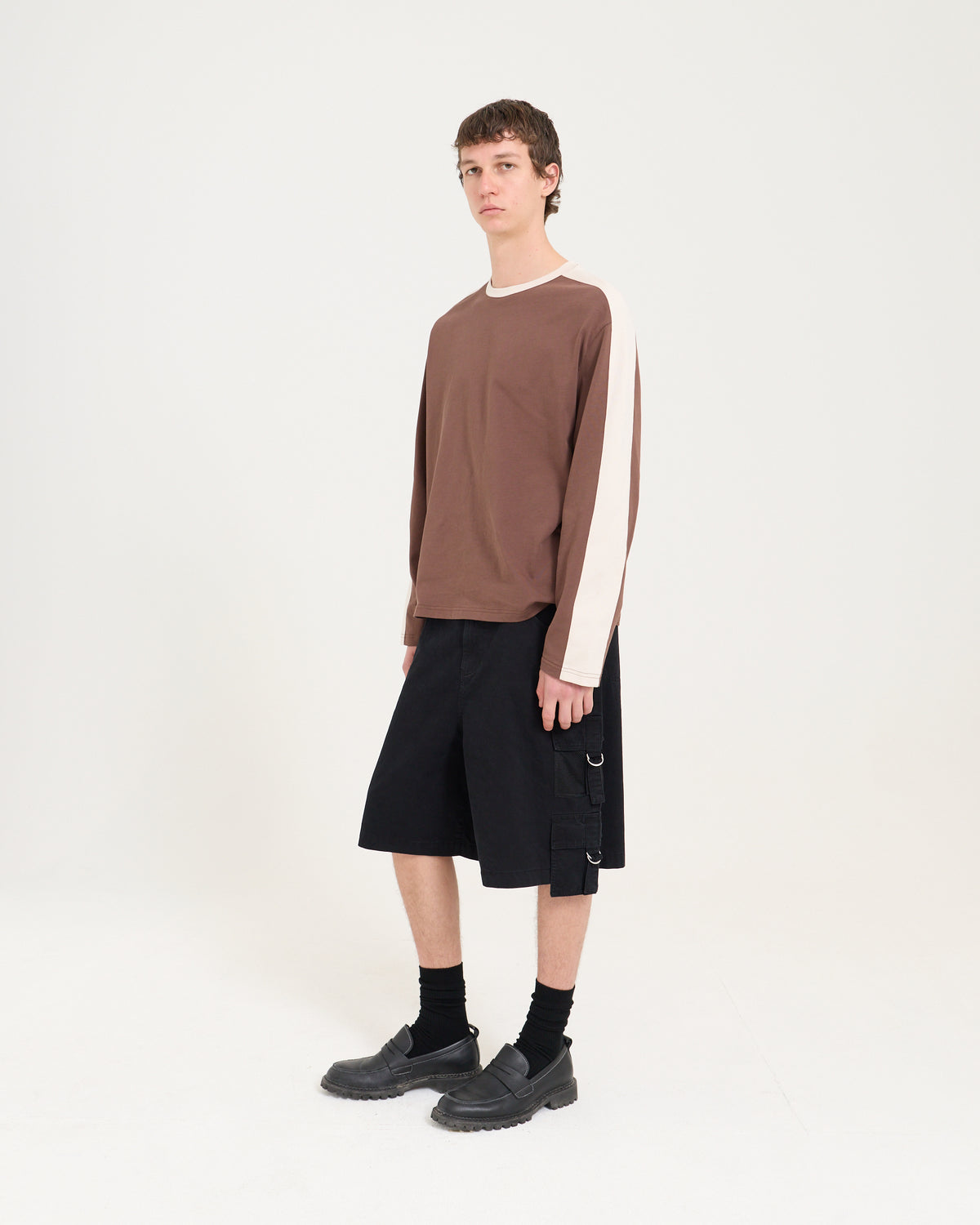 Panelled LS Crop Tee - Chocolate/Sand