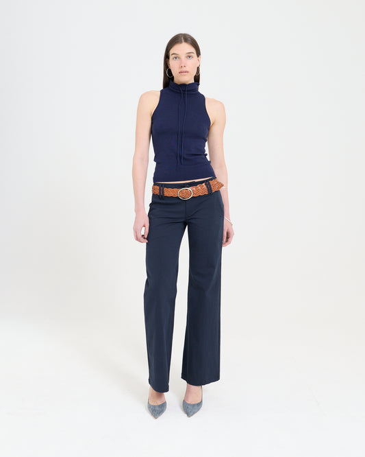 Funnel Neck Knit Top - Navy