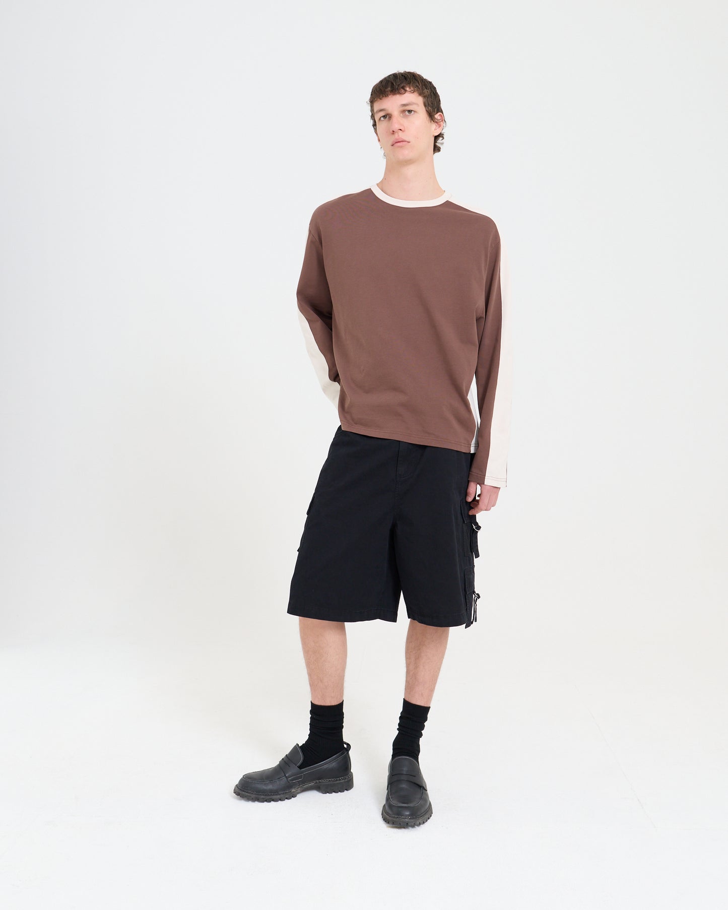 Panelled LS Crop Tee - Chocolate/Sand