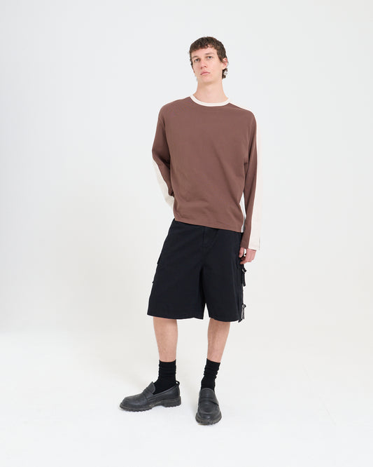 Panelled LS Crop Tee - Chocolate/Sand