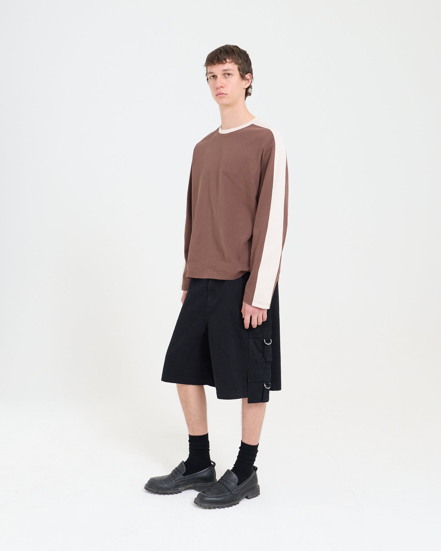 Panelled LS Crop Tee - Chocolate/Sand