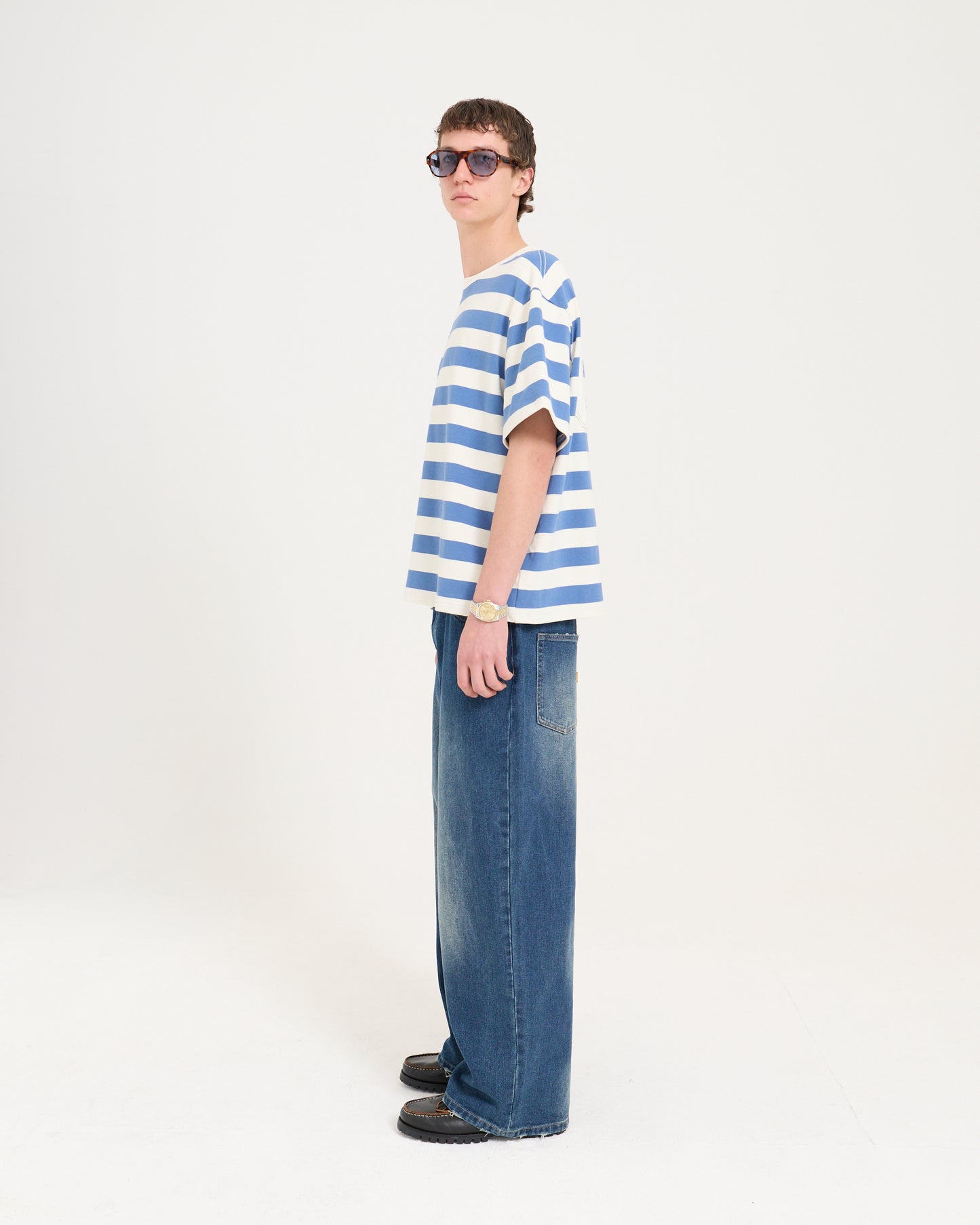 Boxy Applique Tee - Steel Blue/Cream