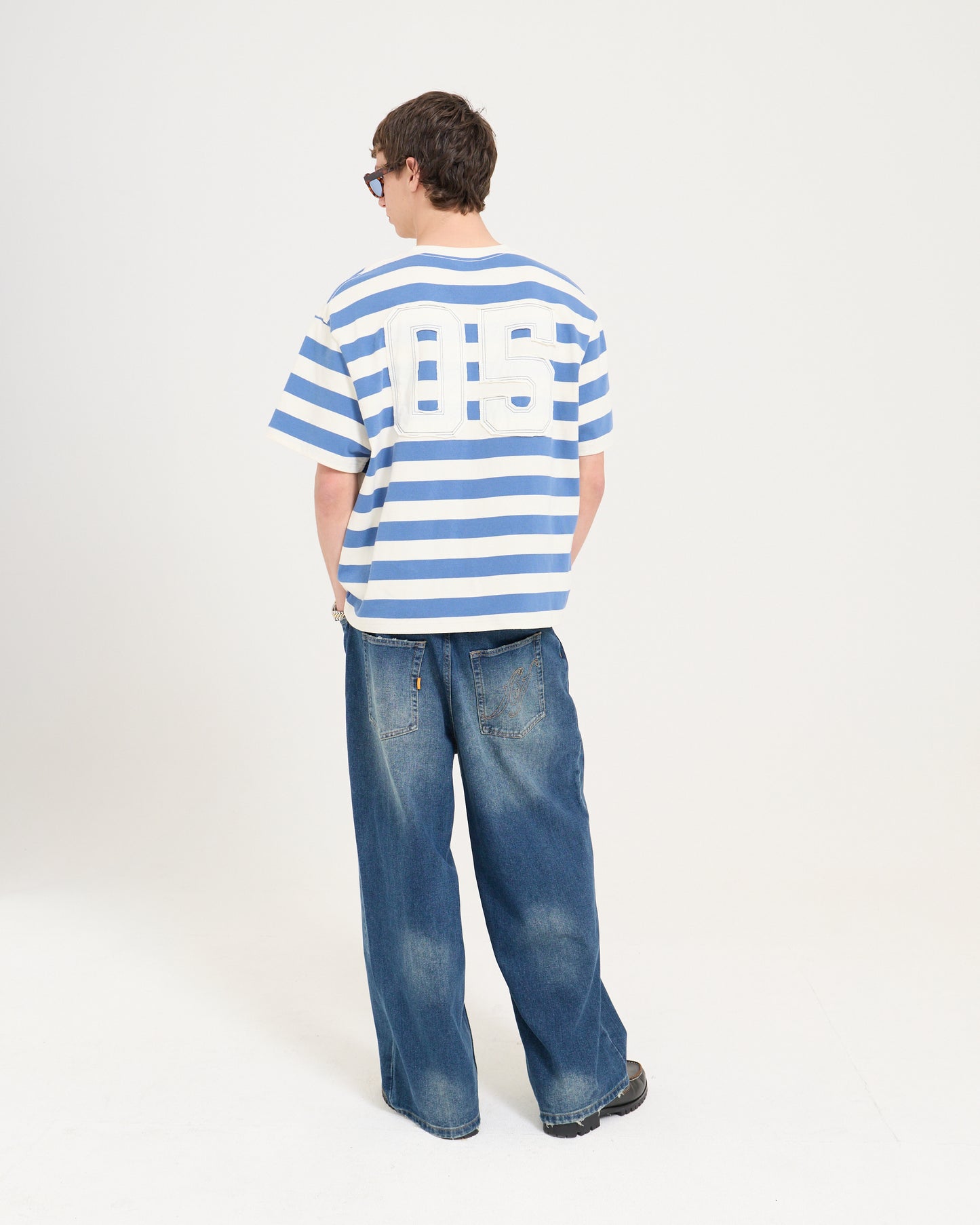 Boxy Applique Tee - Steel Blue/Cream