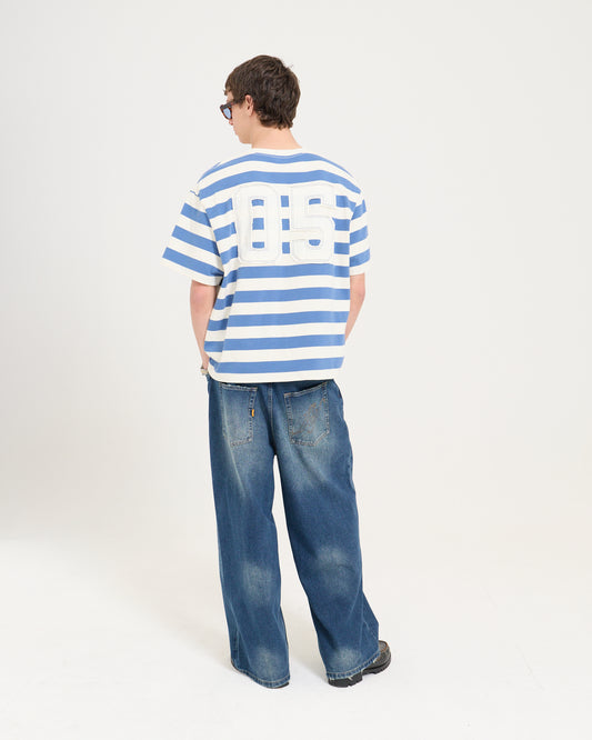 Boxy Applique Tee - Steel Blue/Cream