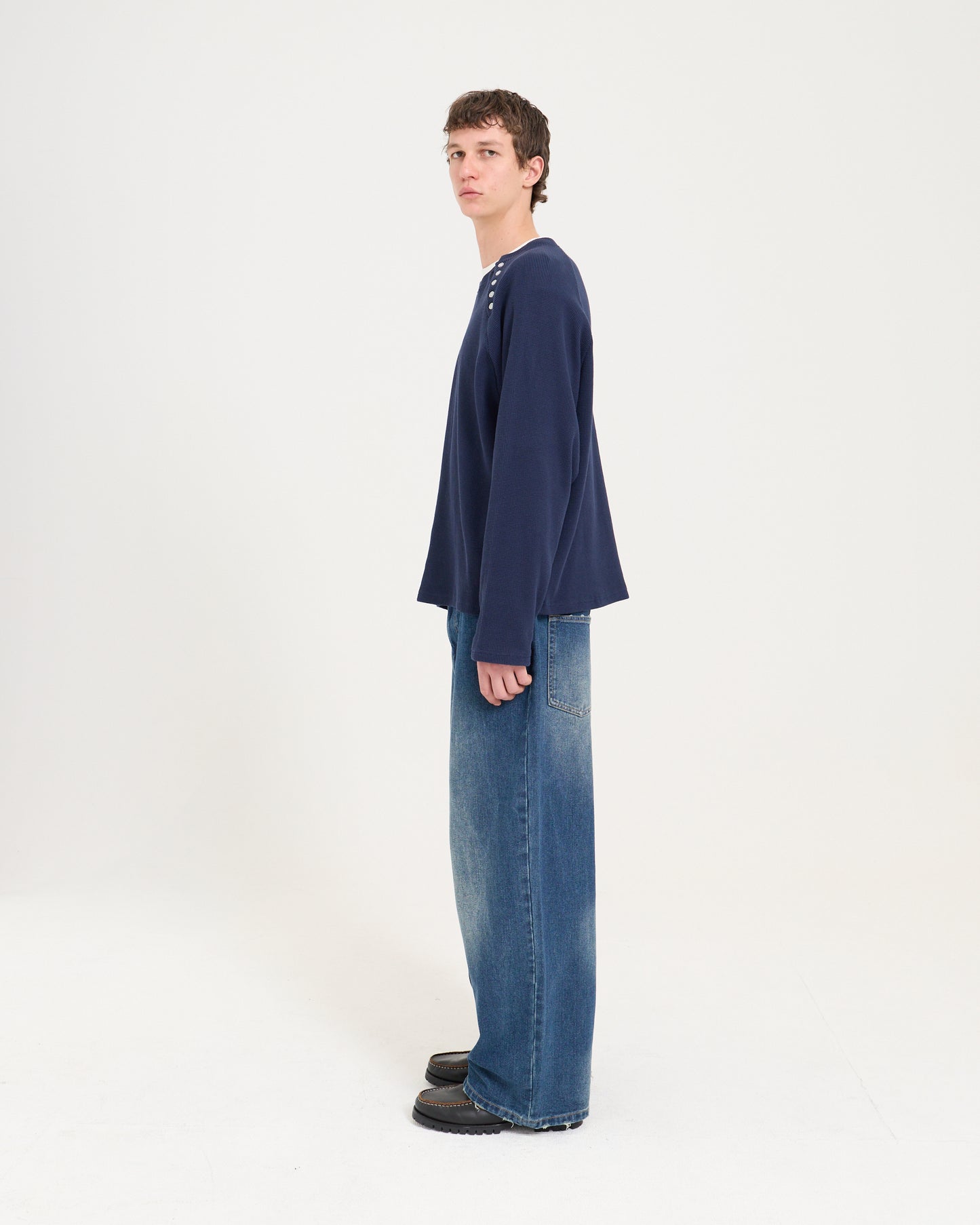 Asym Waffle Long Sleeve - Navy