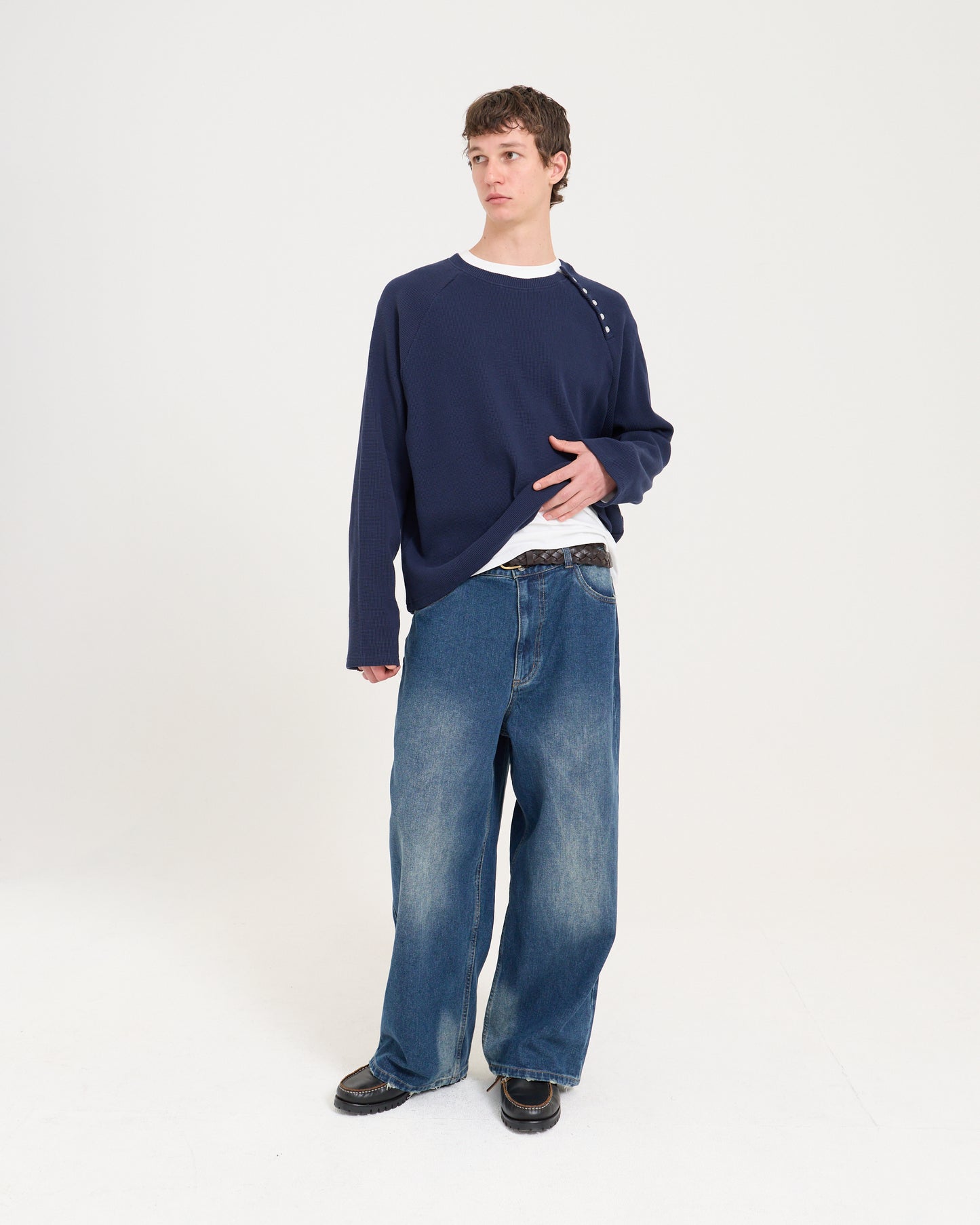 Asym Waffle Long Sleeve - Navy
