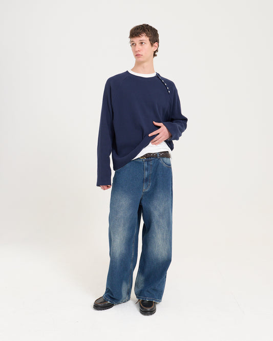 Asym Waffle Long Sleeve - Navy
