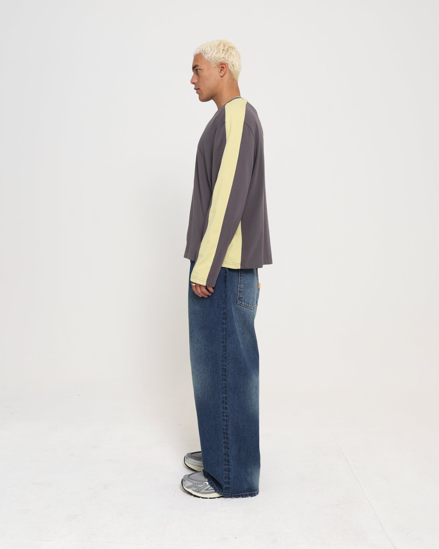 PANELLED LS CROPP TEE - CHARCOAL / CITRON