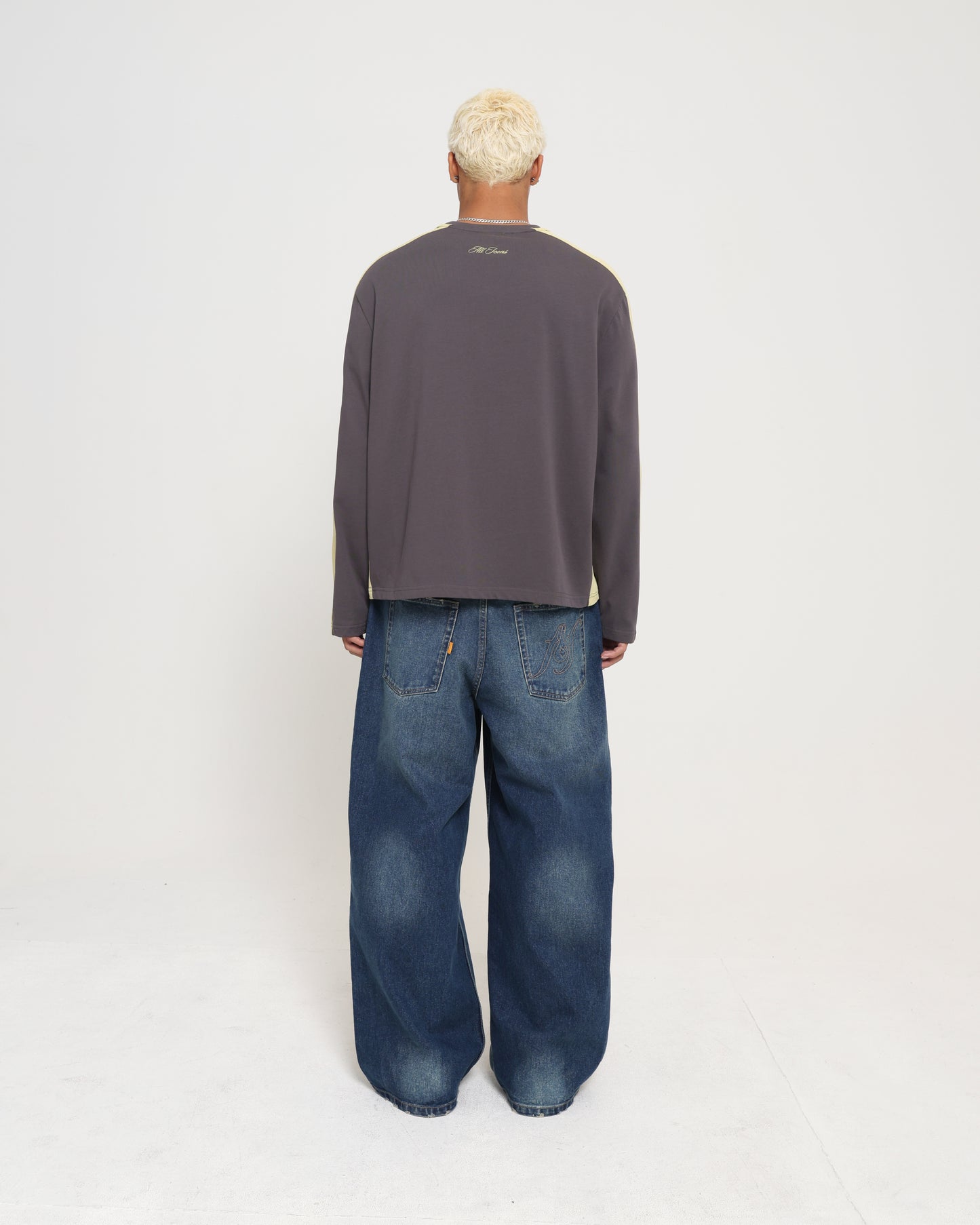 PANELLED LS CROPP TEE - CHARCOAL / CITRON