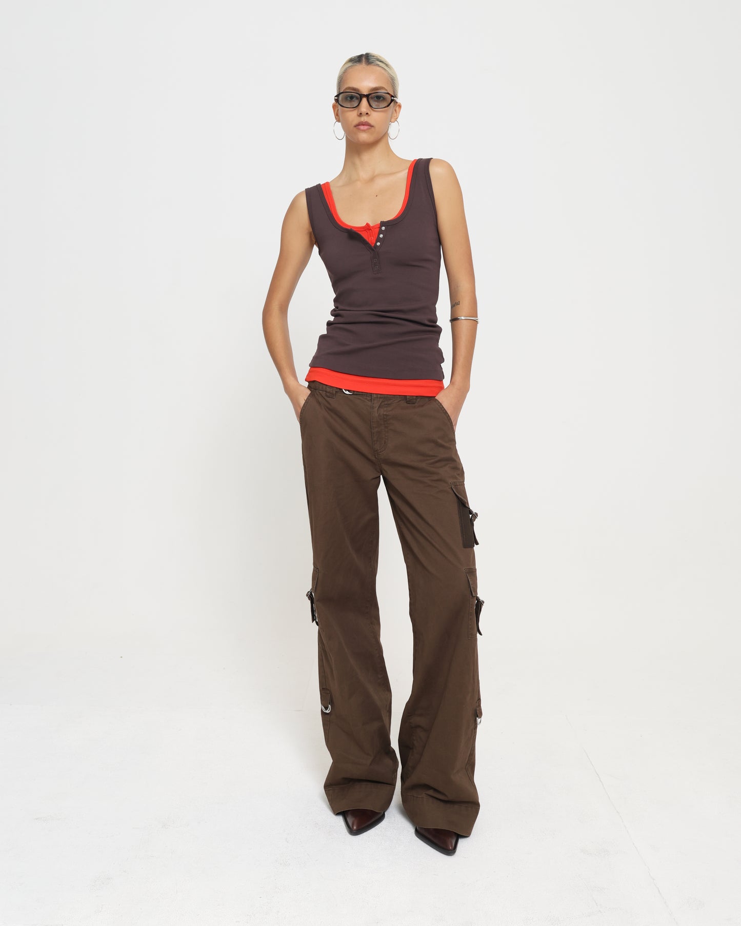 LAYERED HENLEY TANK - CHILLI / CHOCOLATE