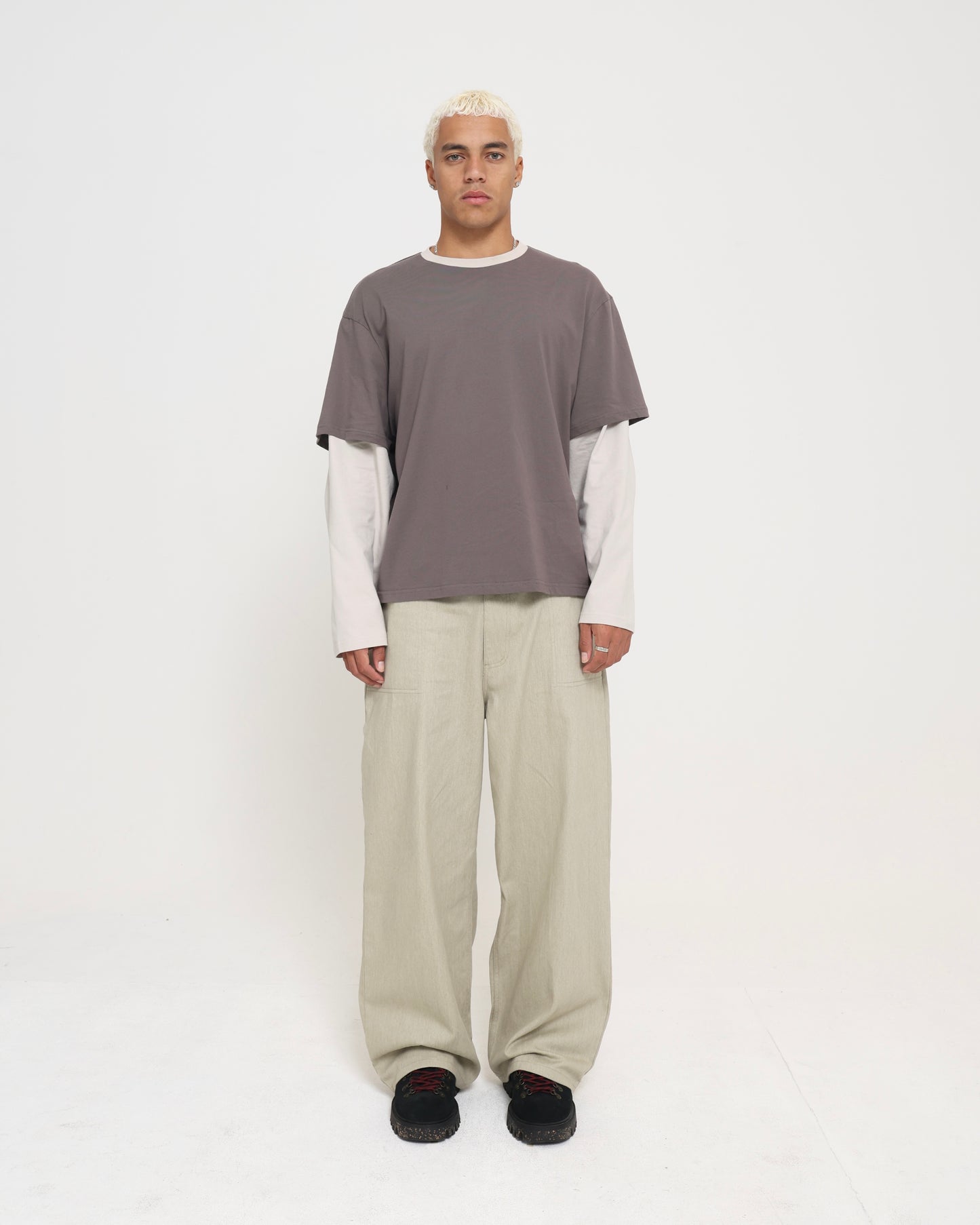 Crop Boxy Layered Tee - Charcoal / Sand