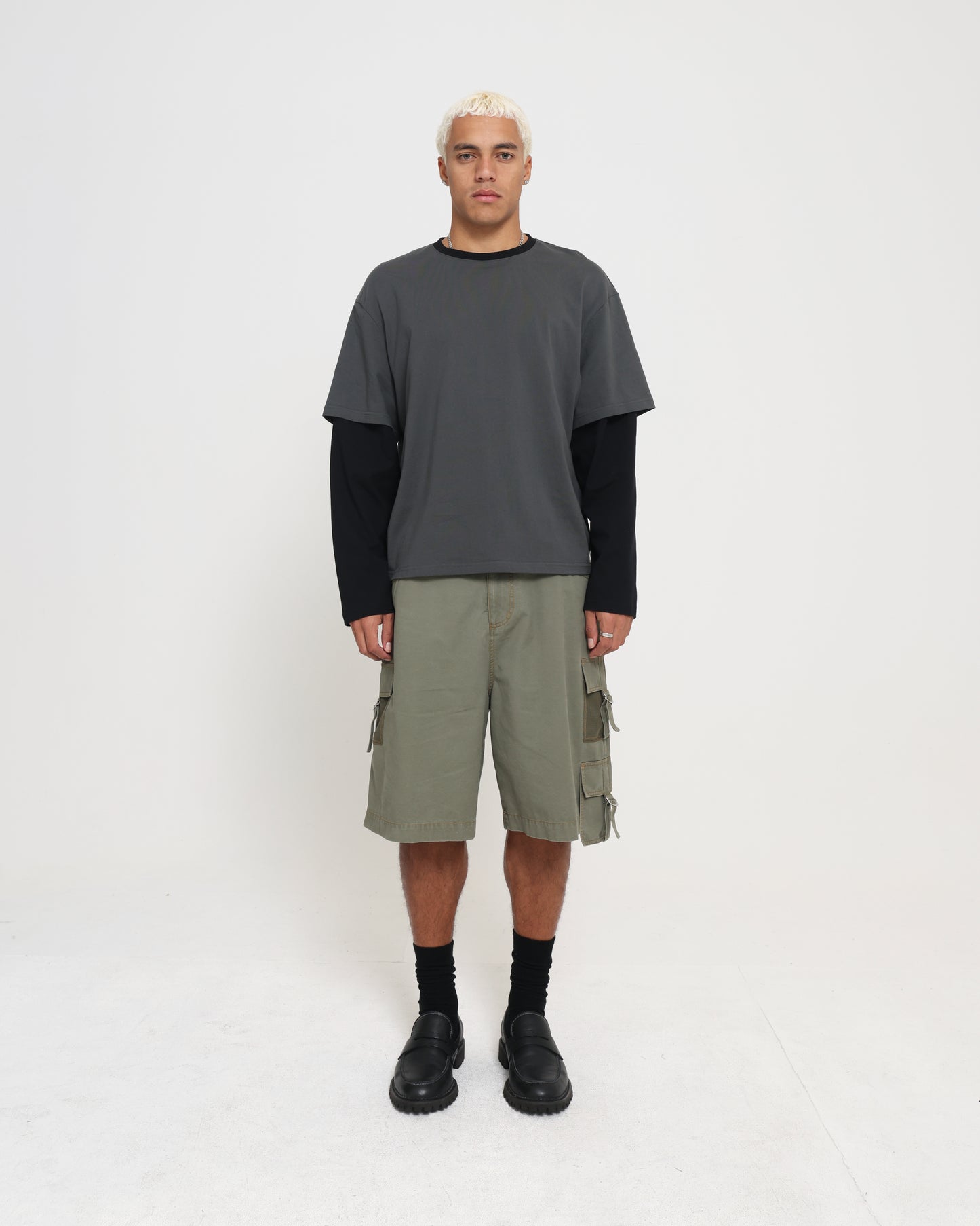 CROP BOXY LAYERED TEE - CHARCOAL / BLACK