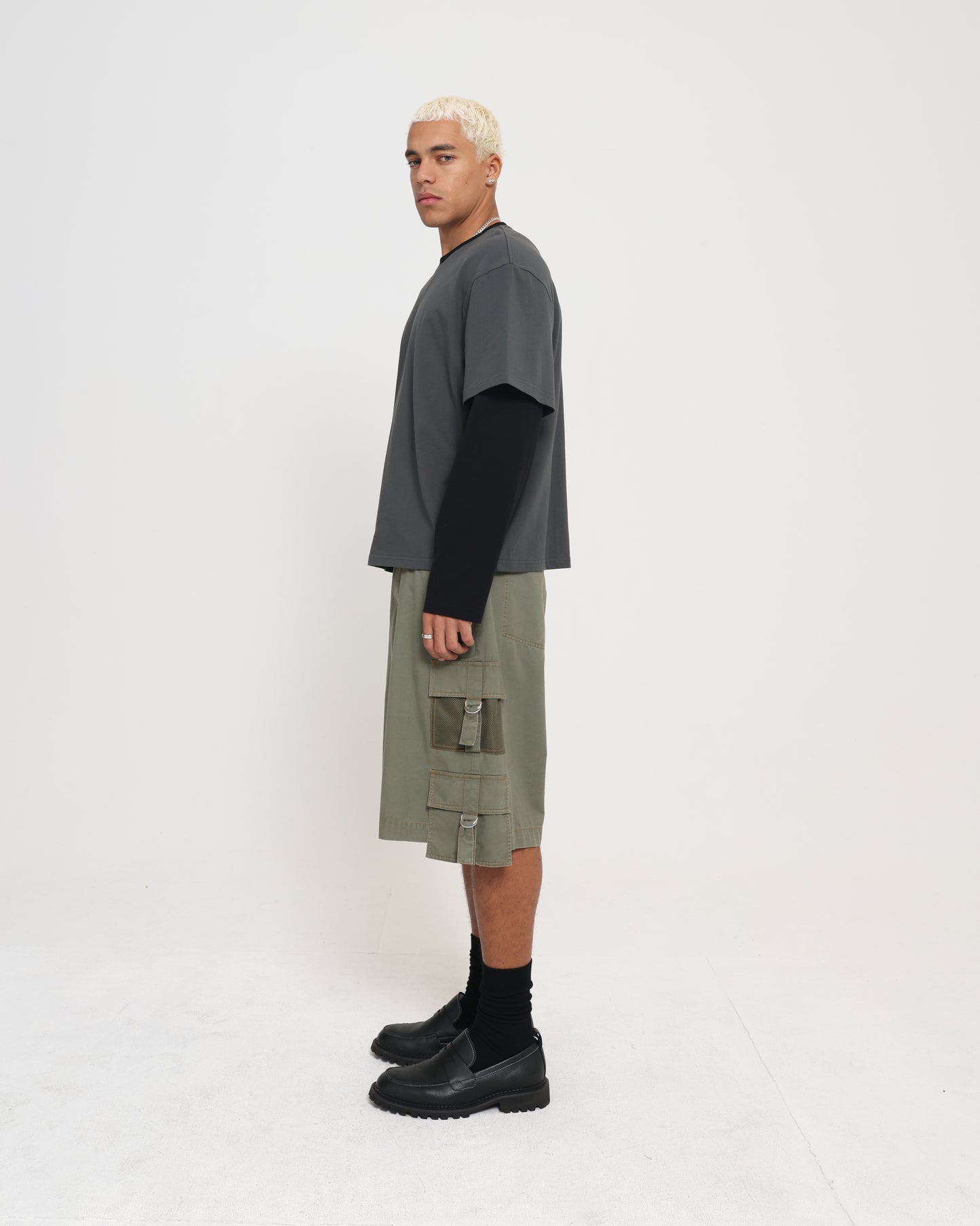 CROP BOXY LAYERED TEE - CHARCOAL / BLACK