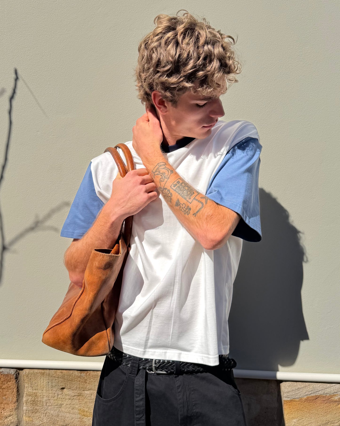 Crop Boxy Tee - Off White/Steel Blue