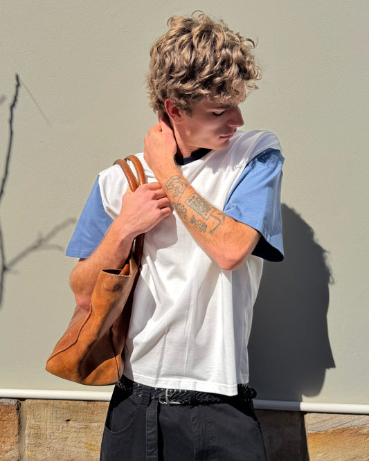 Crop Boxy Tee - Off White/Steel Blue