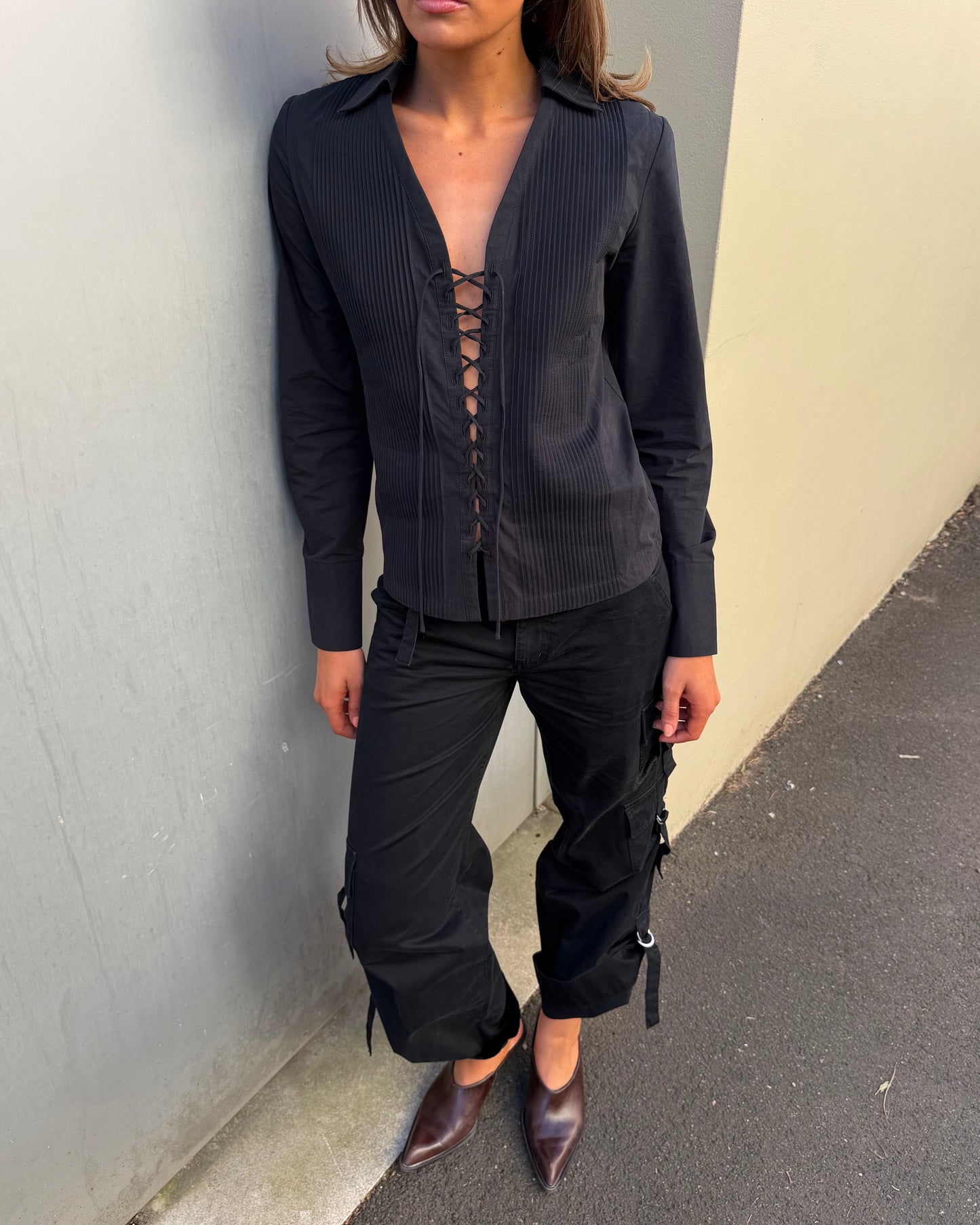 Lace Up Fitted Shirt - Black