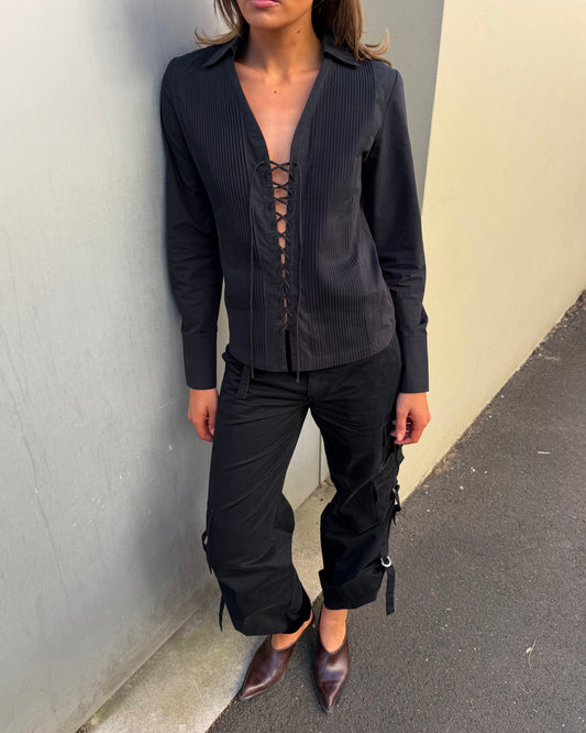 Lace Up Fitted Shirt - Black