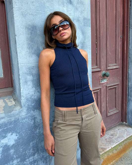 Funnel Neck Knit Top - Navy